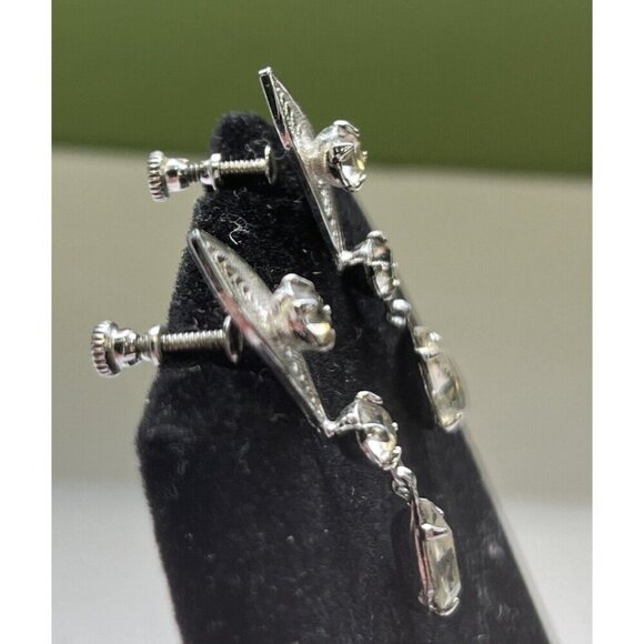 Vintage Marcasite Long Dangle 3 Rhinestone Sterling Silver Screw Back Ea… - Picture 2 of 5